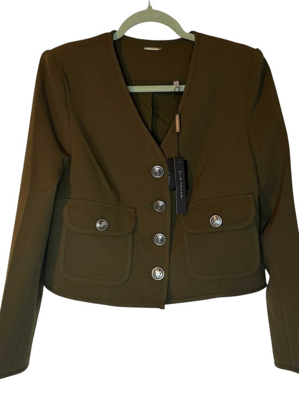 Elie Tahari Olive Green V-Neck Button-Front Blazer